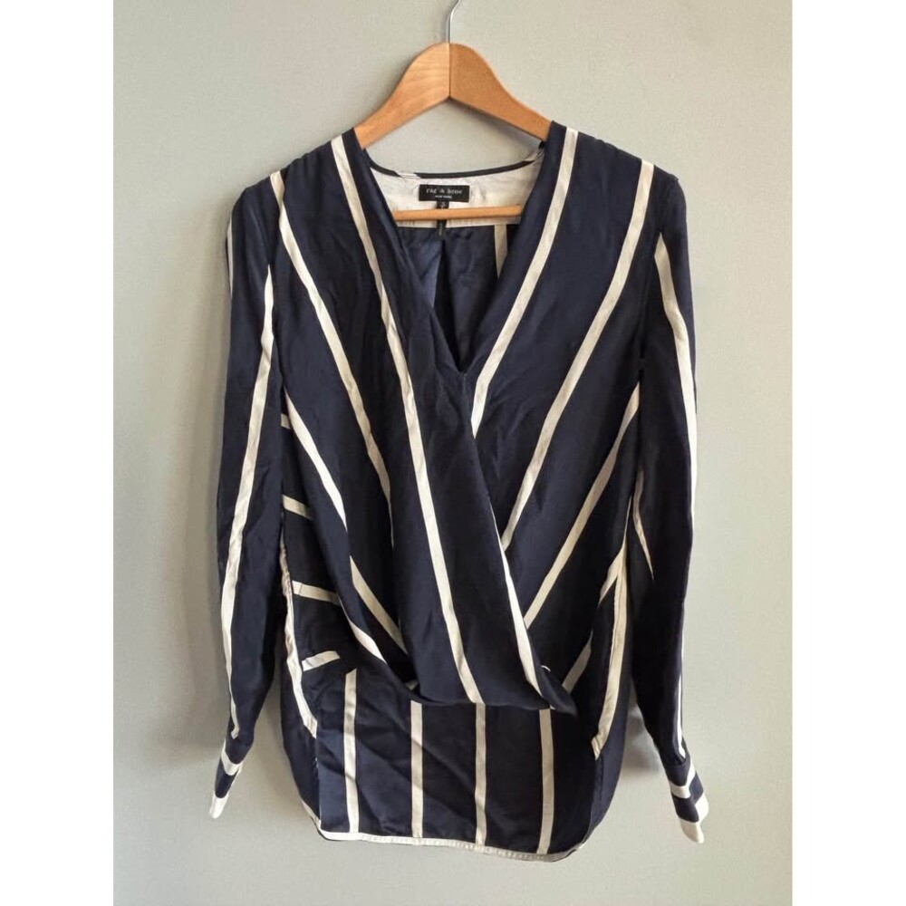rag & bone SMALL Debbie Striped Silk Wrap Blouse Navy Cream V-Neck Long Sleeve S